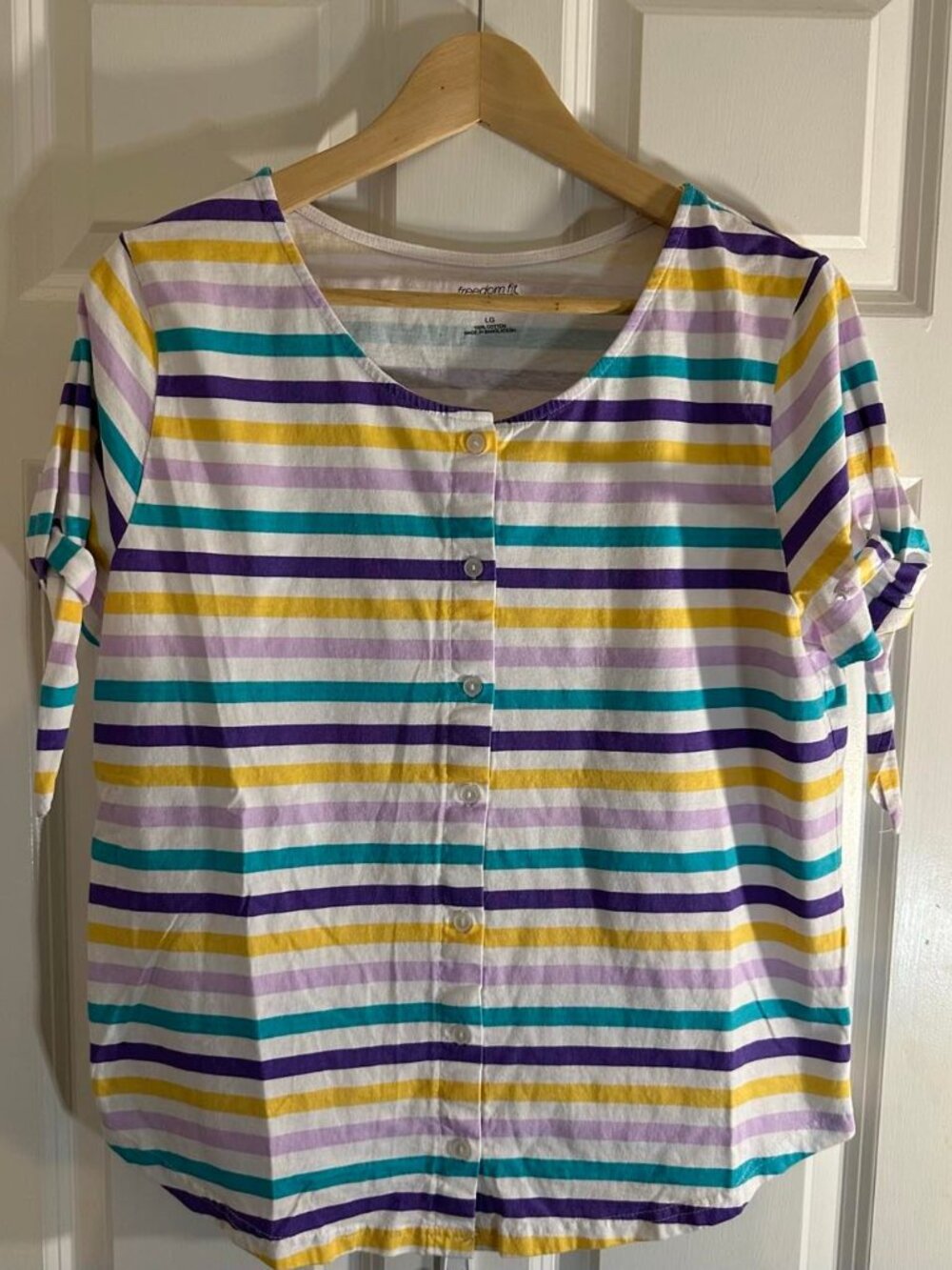 Freedom Fit Zone Striped Tie-Sleeve Button-Up Top - Size L